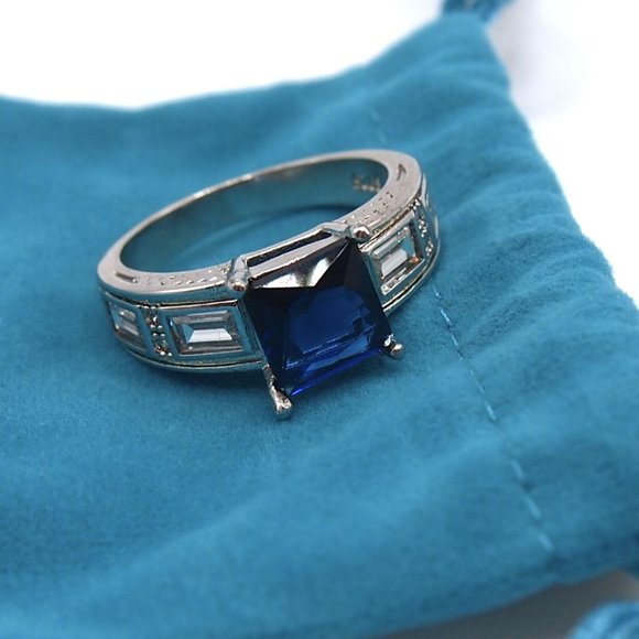Ladies Large Blue Sapphire Princess Cut Bridal Ring .925 Solid Sterling Silver - Picture 12 of 12